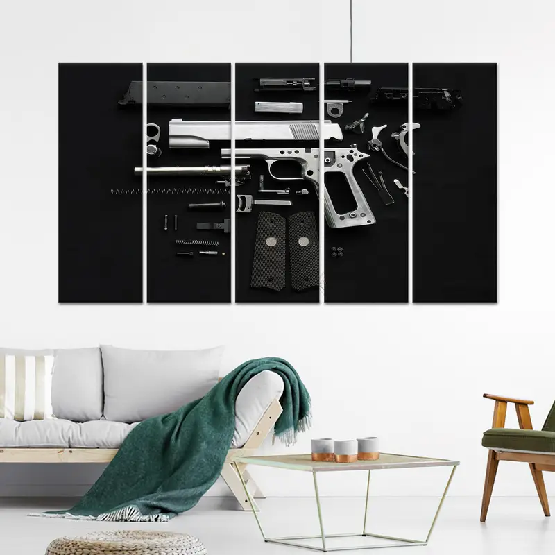 Impresión elegante en lienzo negro: arte con armas para decoración de oficina en cueva del hombre