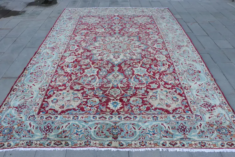 Zarif Kırmızı ve Bej Halı, 9,4x13,8 ft Bordürlü Tasarım