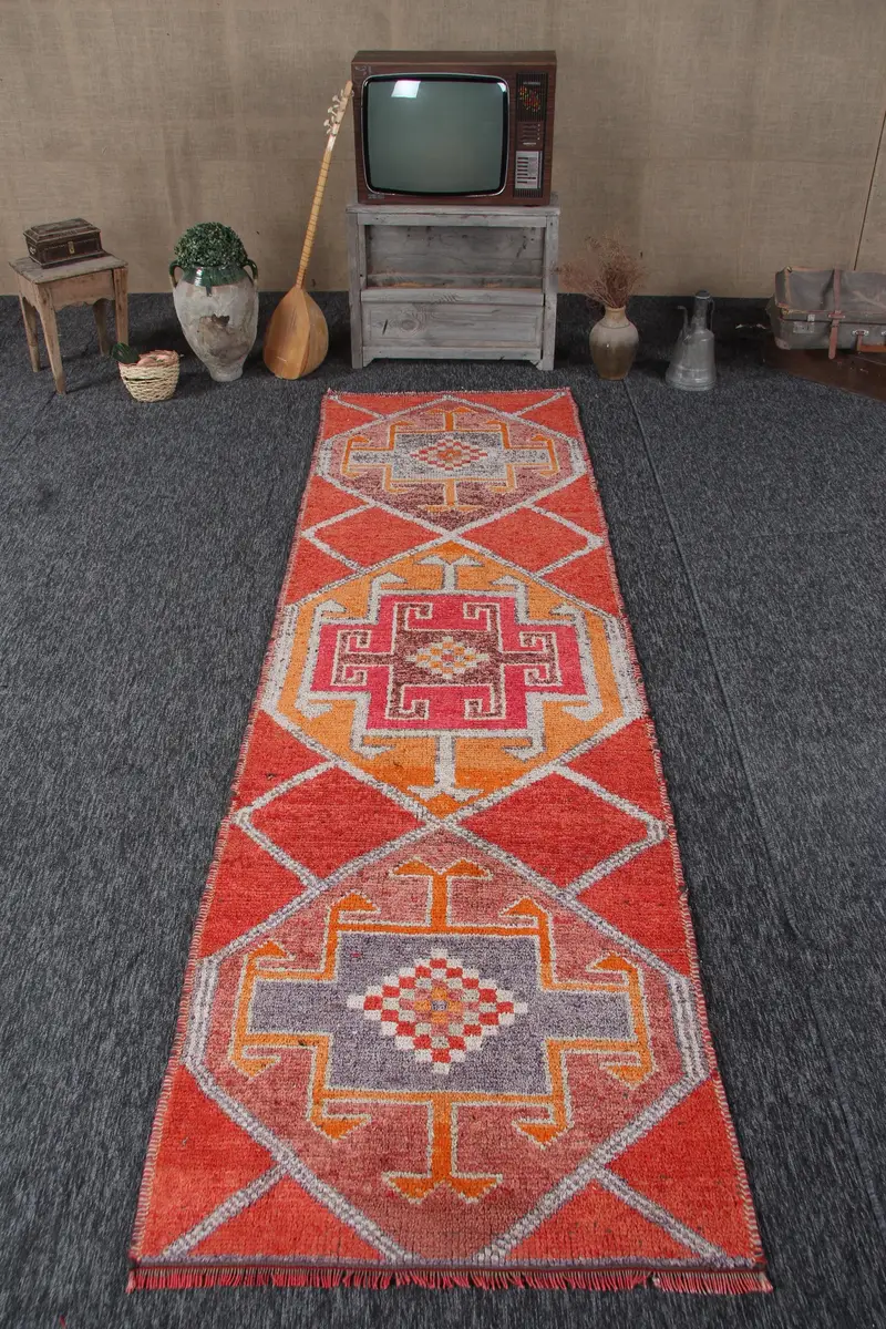 Alfombra de 3,2x10,3 pies, alfombra Herki vintage, alfombra de camuflaje de lana roja turca - 1