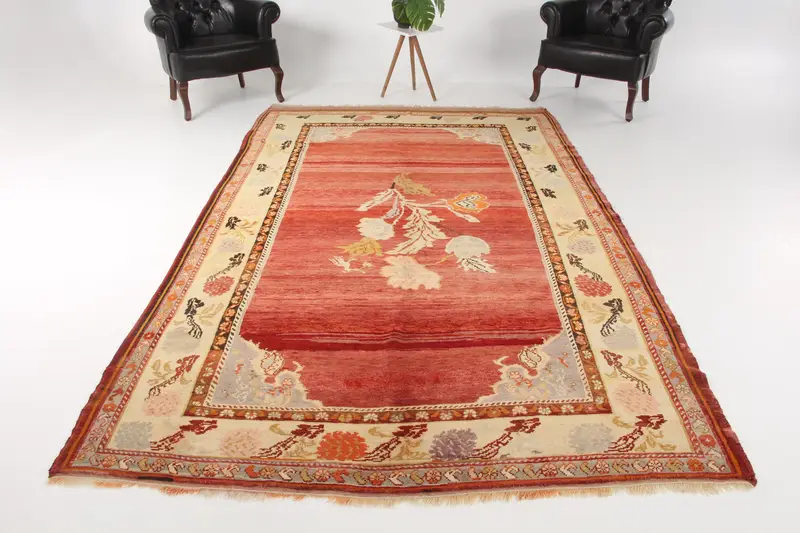 Vintage Oushak Rug 6.3x10.5 ft (191x320 cm), Red Turkish Rug - 1