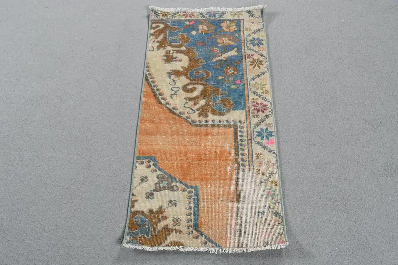 Canlı Turuncu ve Mavi Halı, 1,6x3,3 ft Çiçekli ve Paisley
