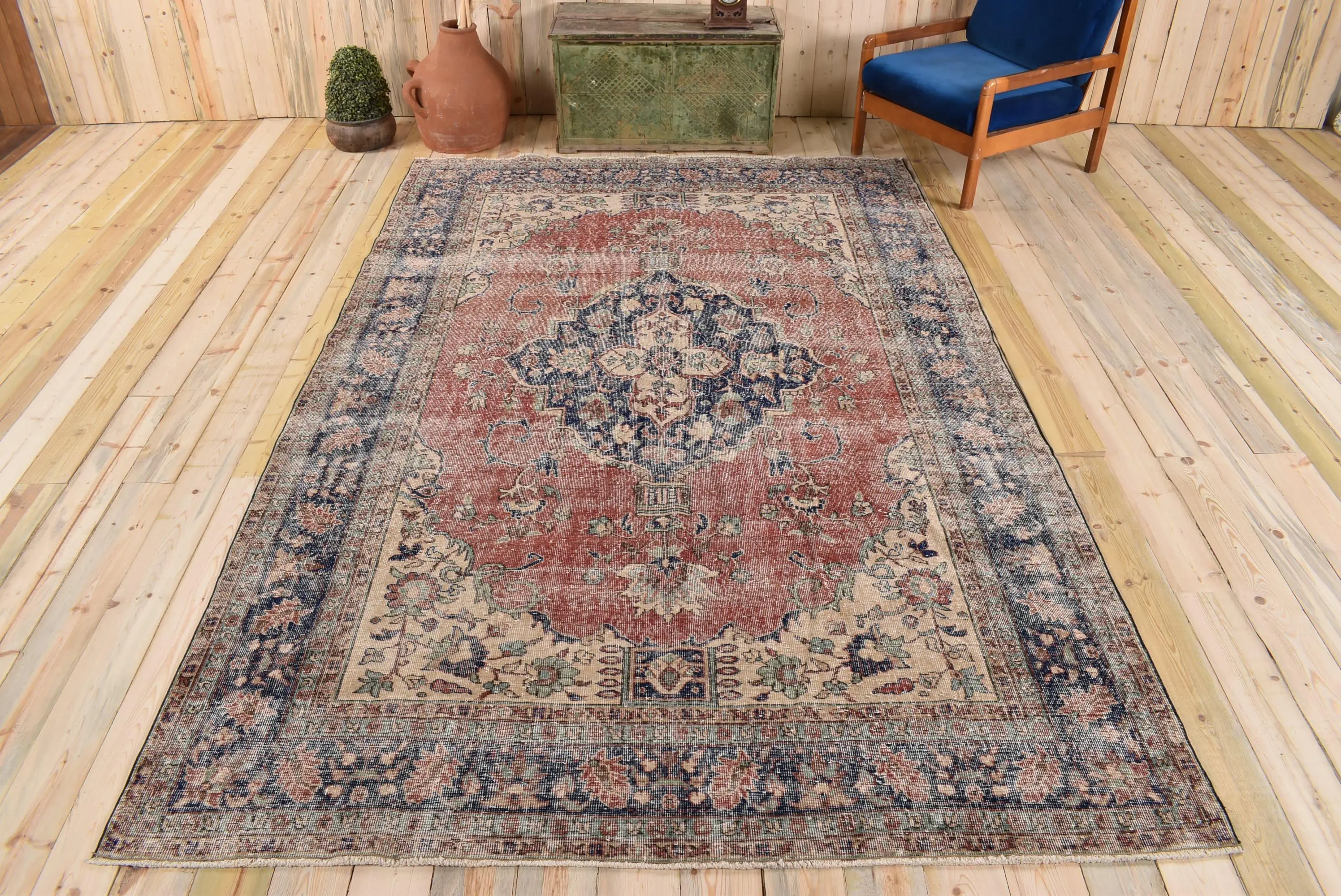 Vintage Rug, 6.8x10.3 ft Oversize Rug, Blue Red Wool Rug - 1