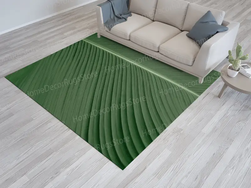 モダンなプリントラグ: 現代的な空間のための緑の葉のデザイン