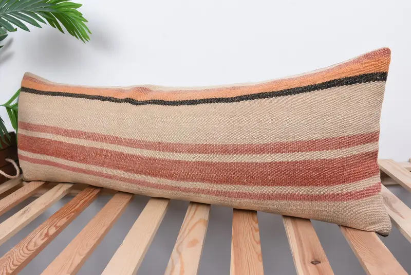 Vintage Kilim Pillow, Neutral Pillow, Cushion Case, 12x36 Beige Pillow Sham, Bolster Cushion, Turkish Corner Pillow, Boho Pillow, Kilim Cushion Sham - 5