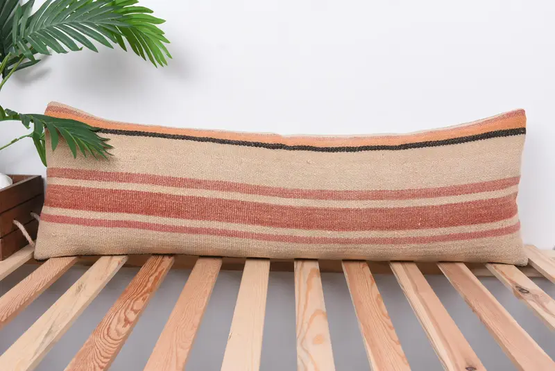 Vintage Kilim Pillow, Neutral Pillow, Cushion Case, 12x36 Beige Pillow Sham, Bolster Cushion, Turkish Corner Pillow, Boho Pillow, Kilim Cushion Sham - 1