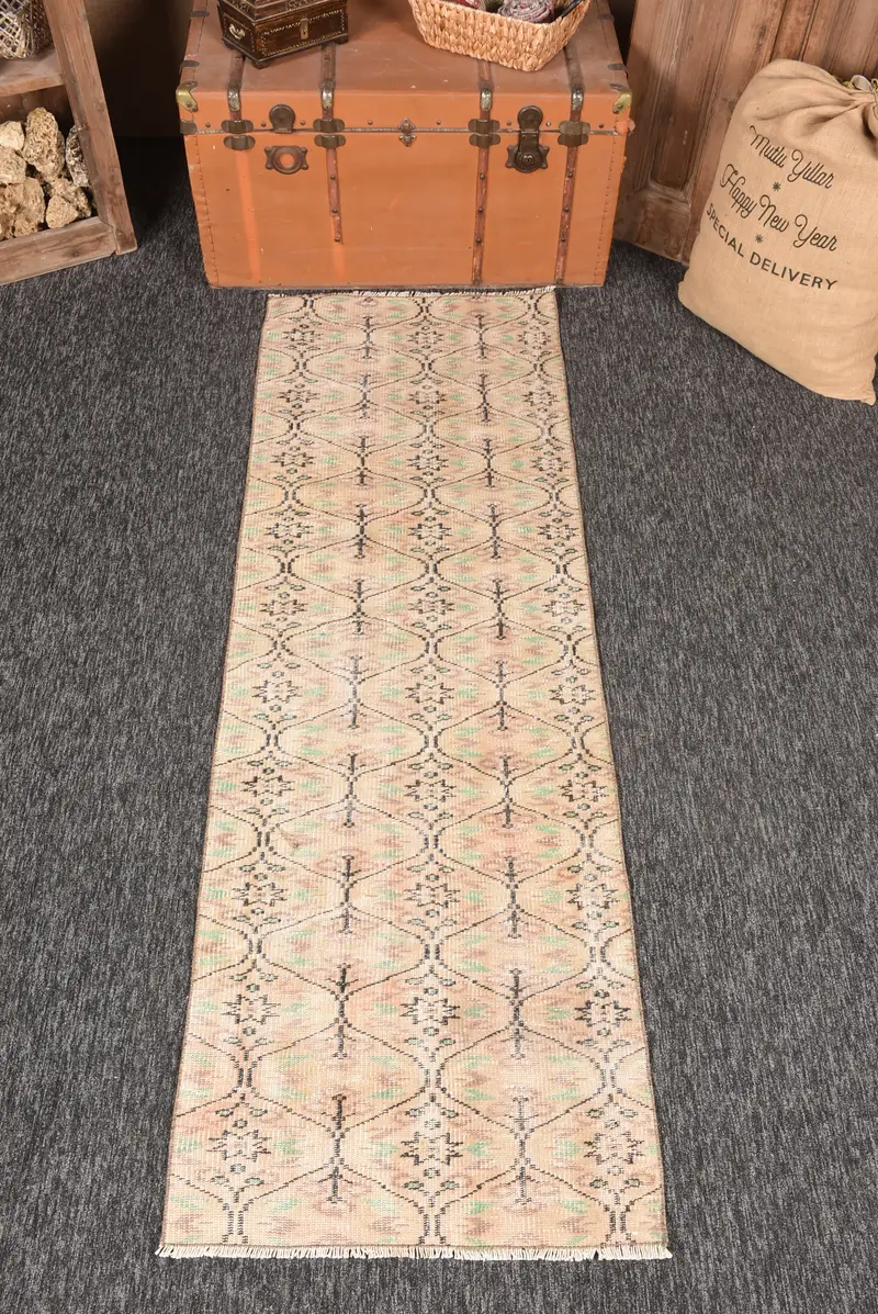 Turkish Rug, Small 2.4x7.2 ft Vintage Rug, Beige Geometric Wool Rug - 1