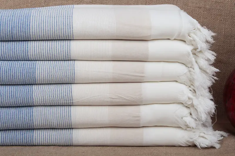 Turkish Bath Towel Cream-Sax Blue Striped Peshtemal, 40x67 Inches
