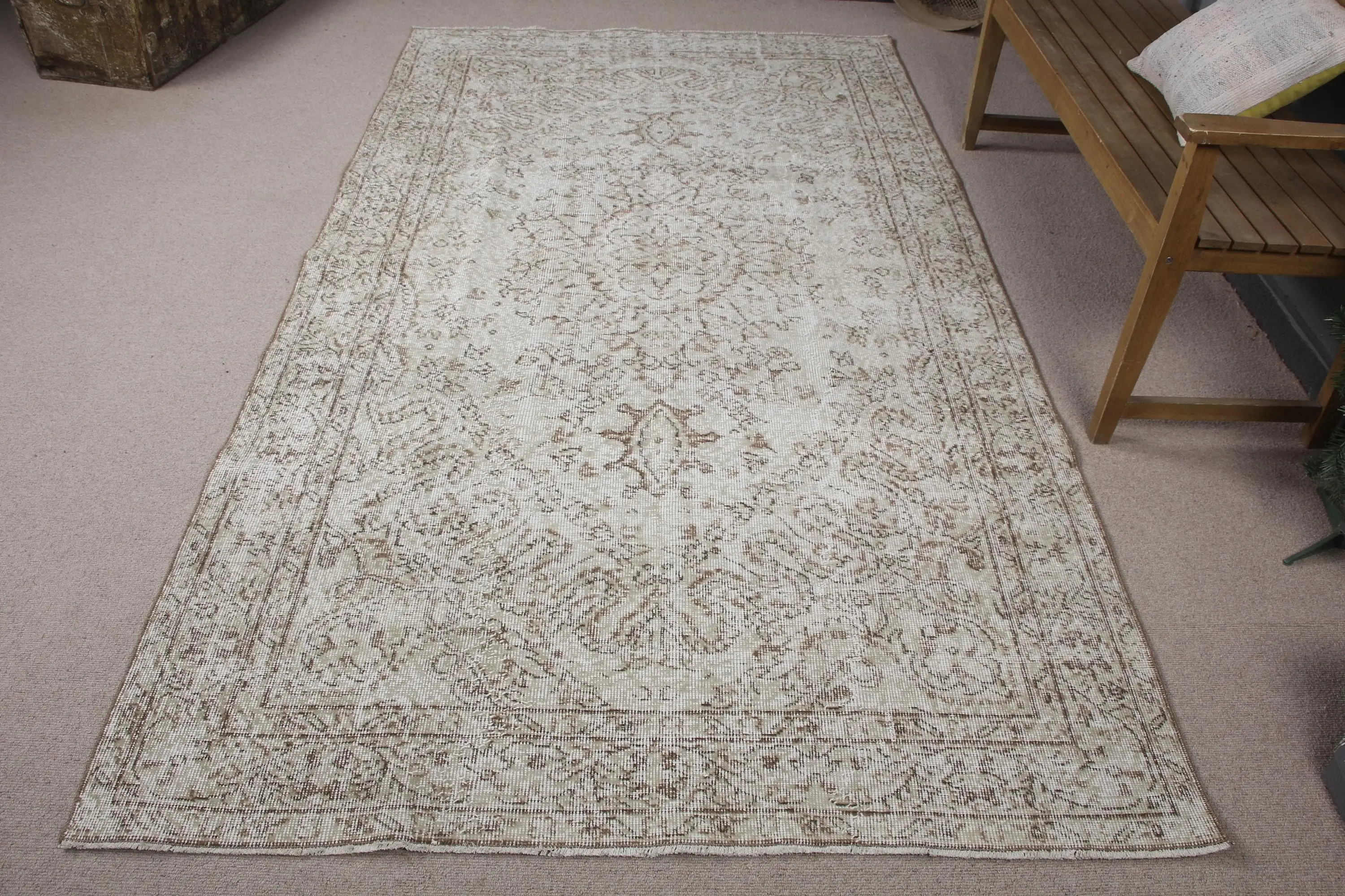Türk Büyük Halı, 5.1x9 ft Vintage Halı, Beyaz Yün Halı - 1