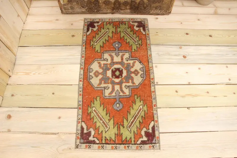 Handmade 1,2x2,9 ft Rug, Vibrant Orange & Blue