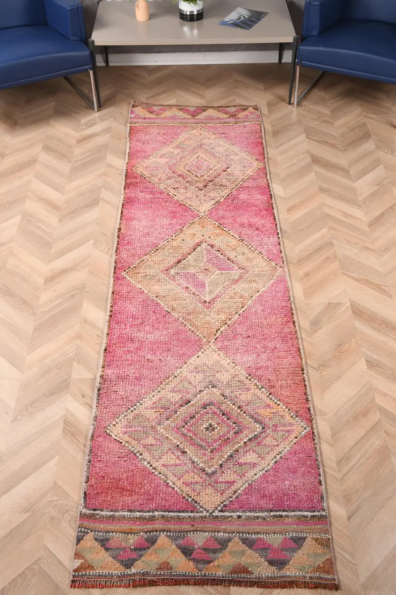 2.6x9.6 ft Türk Halısı, Vintage Runner Halısı, Pembe Kahverengi Paisley Halısı - 1