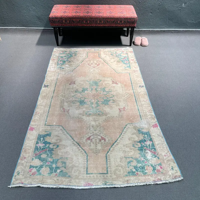 Vintage Rug, Area 4.2x6.9 ft Turkish Rug, Blue Pink Moroccan Wool Rug - 1