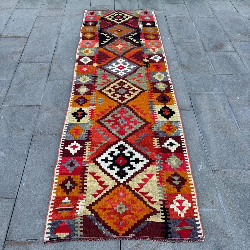 Sarı & Mor Halı, 2,8x8,7 ft Çizgili Geometrik Tasarım
