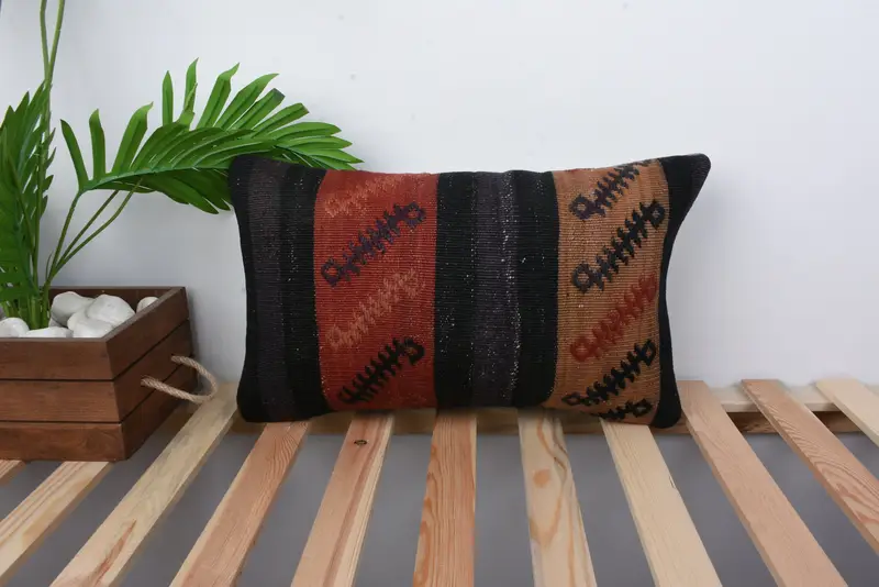 12x20 Black Pillow, Boho Chic Cushion Cover, Turkish Kilim Pillow, Kilim Pillow Cover, Handmade Kilim Cushion, Comfy Throw Pillow, Pillow Cover - 1