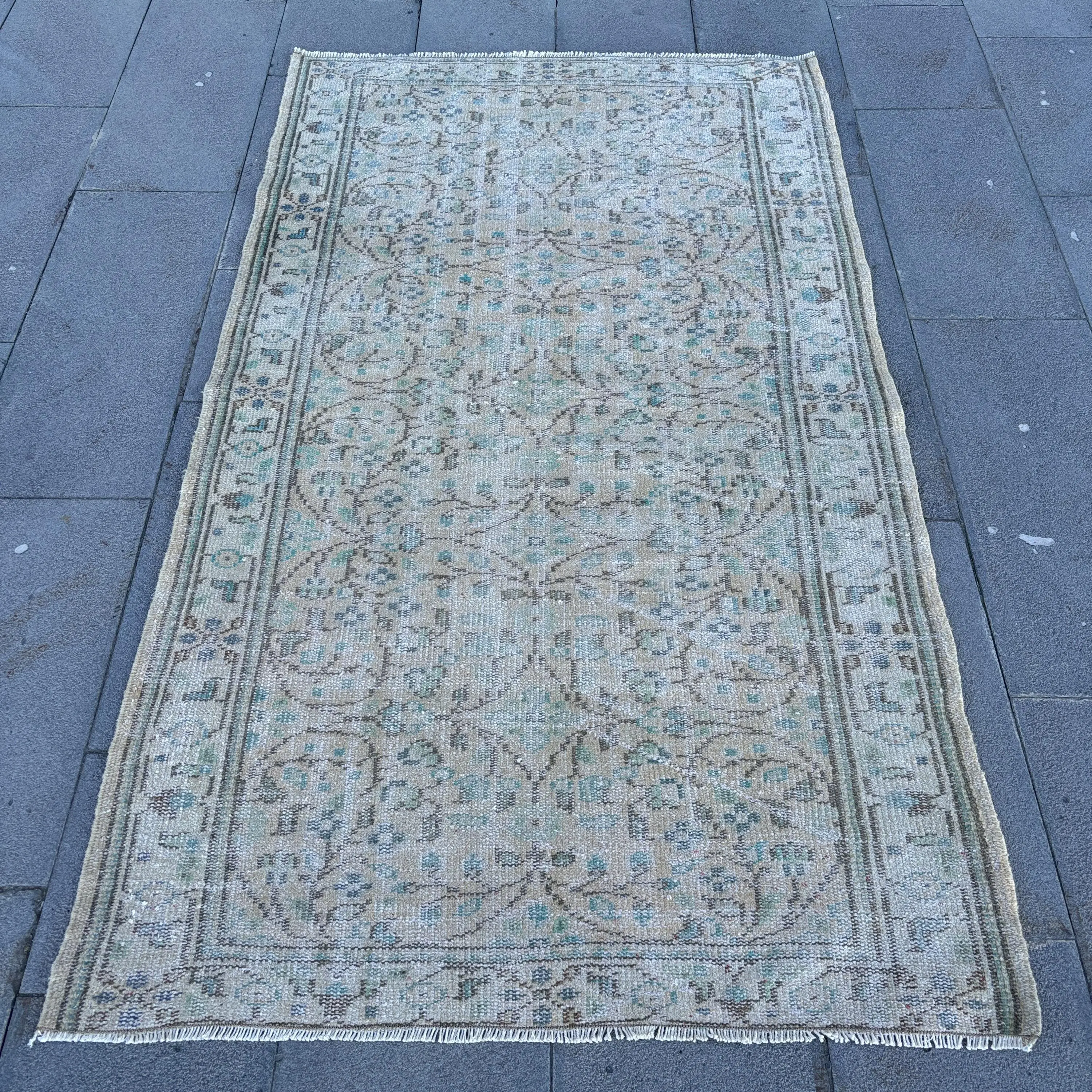 Türk 3.6x6.4 ft Halı, Vintage Halı, Mavi Patchwork Yün Halı - 1