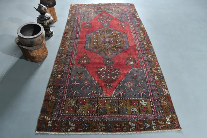 Vintage Oushak Area Rug 4.1x8.5 ft (124x260 cm), Turkish Red Abstract Rug - 1