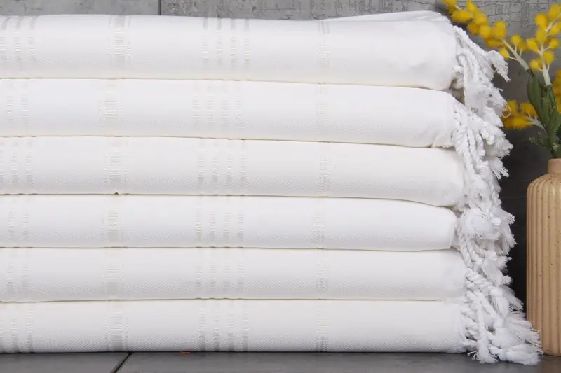 Beach Towel Personalized Bright Cream Striped, Turkish Cotton, 40x71 Inches