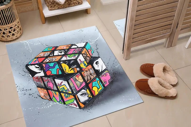 Bunter Graffiti-Rubik's-Cube-bedruckter Teppich für moderne Spielzimmer