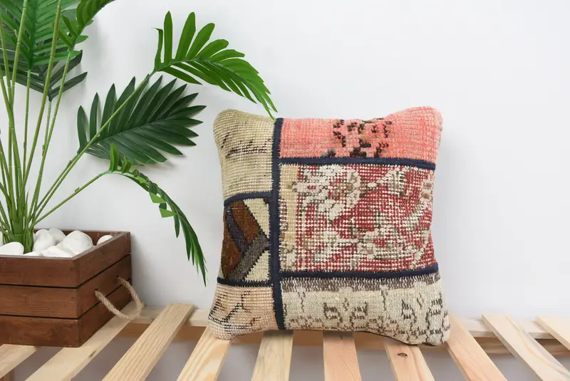 14x14 Red Pillow, Retro Throw Pillow Cover, Kilim Pillow Cover, Cushion Case, Ethnical Kilim Rug Pillow, Vintage Kilim Throw Pillow - 1