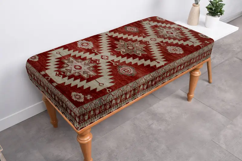 Rectangular Kilim-Inspired Pouf, Handmade Wool and Foam Pouf