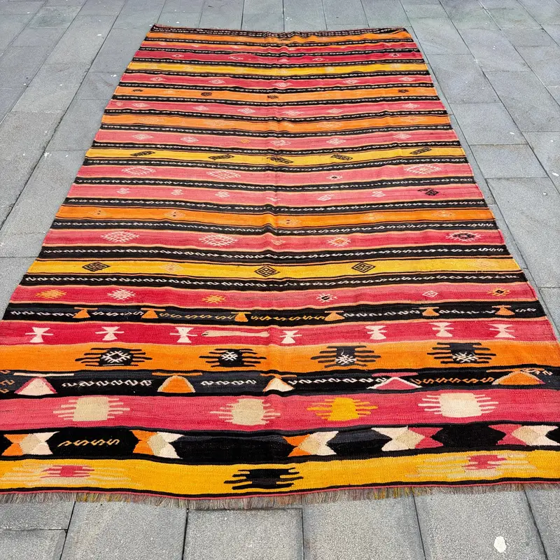 Kırmızı ve Turuncu Halı, 6,2x10,8 ft Geometrik Çiçek Desenli