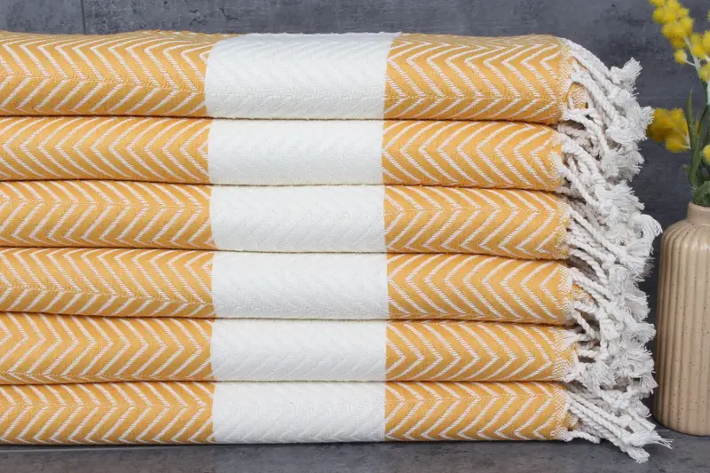 Turkish Beach Towel Mustard-White Chevron, Organic Cotton, 40x71 Inches