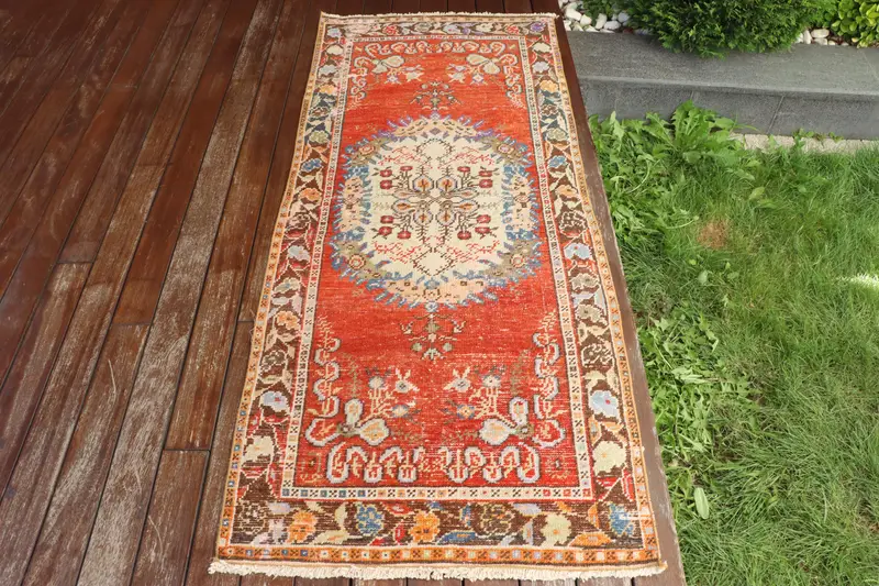 El Yapımı Kırmızı Hayvan Baskılı Halı, 0,2x0,5 ft