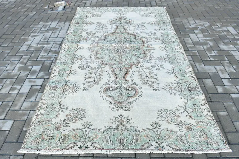 5.1x8.5 ft Halı, Vintage Oushak Halı, Türk Mavisi Yün Puantiyeli Halı - 1
