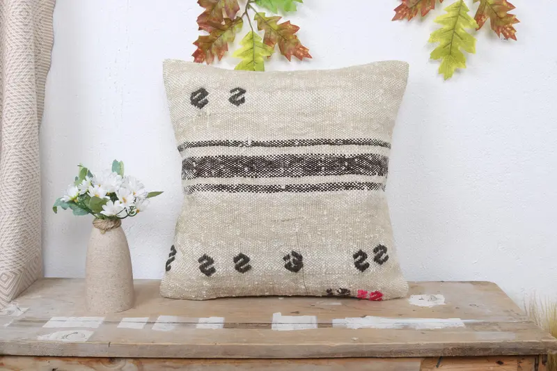 Pillow, Interior Designer Pillow, Kilim Cushion Sham, Aesthetic Cushion, 16x16 Beige Pillow Case, Kilim Pillow Cover, Handmade Throw Pillow Cover - 1
