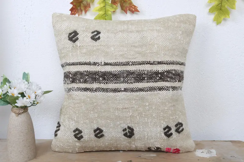 Pillow, Interior Designer Pillow, Kilim Cushion Sham, Aesthetic Cushion, 16x16 Beige Pillow Case, Kilim Pillow Cover, Handmade Throw Pillow Cover - 2