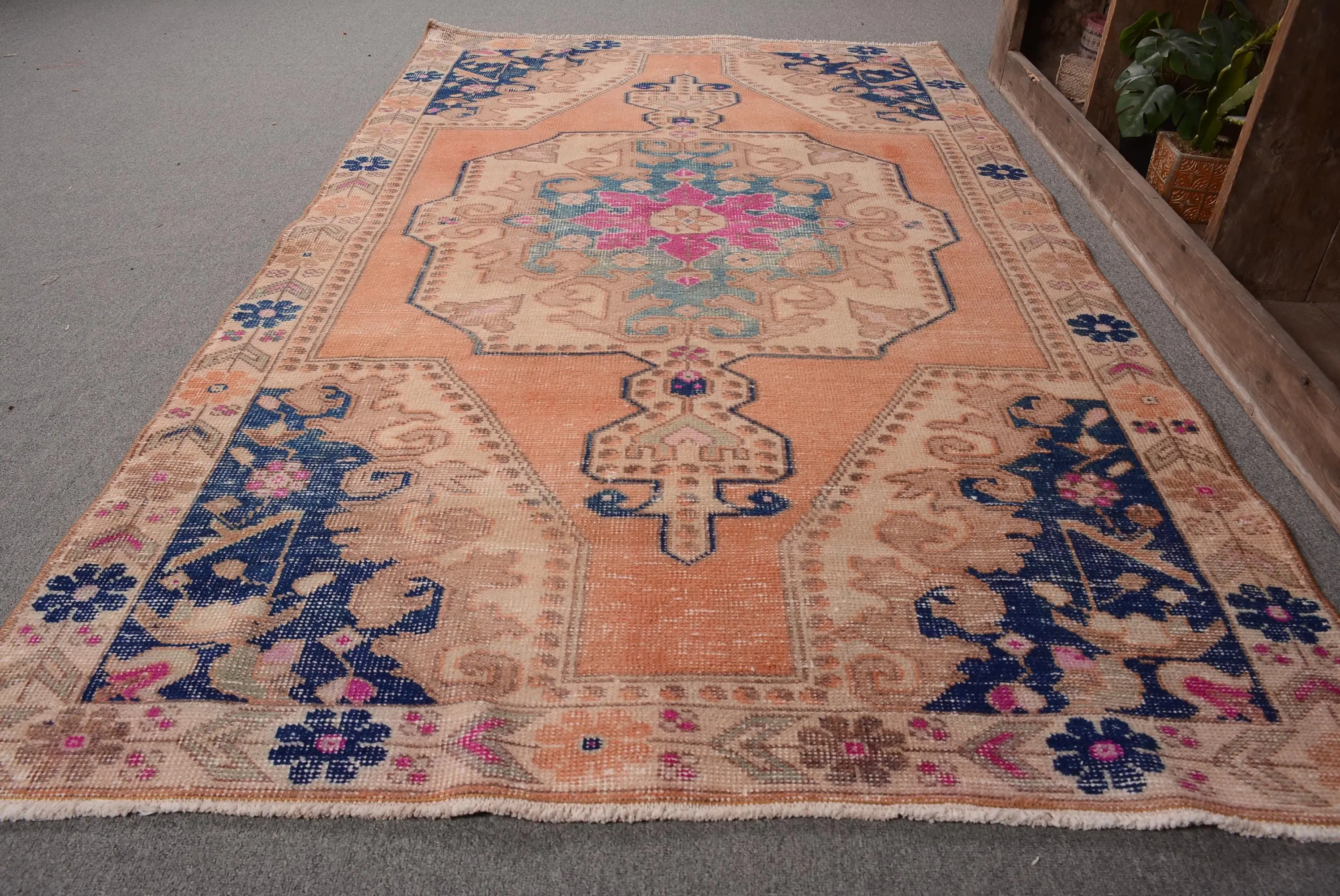 Turkish Vintage Area Rug 4.1x7.2 ft, Orange Blue Polka dot Rug - 1