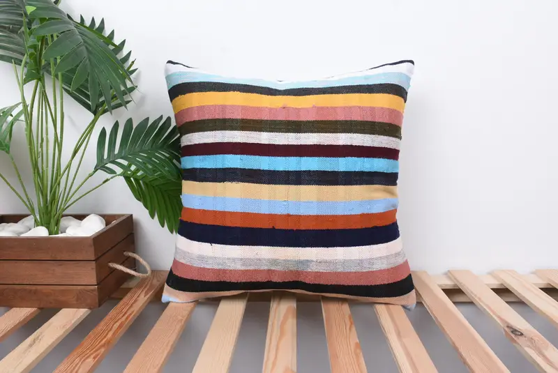 Aesthetic Pillow, 18x18 Blue Pillow Case, Interior Designer Pillow, Turkish Kilim Pillow, Cushion, Pillow for Couch, Christmas Pillow Sham - 1