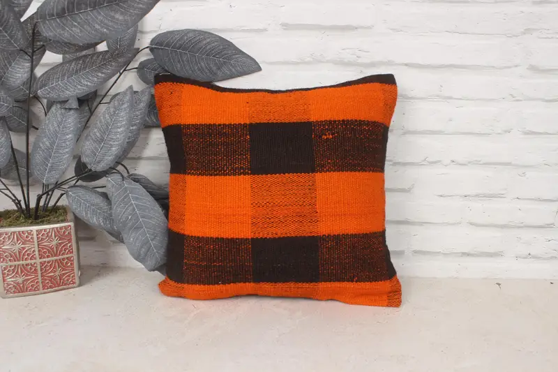 Turkish Pillow, Vintage Kilim Pillow, Vintage Kilim Pillow Pillow Cover, 14x14 Orange Cushion Case, Cushion Case, Throw Kilim Pillow - 1