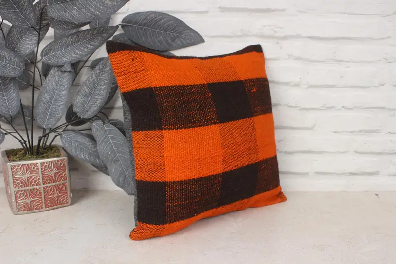 Turkish Pillow, Vintage Kilim Pillow, Vintage Kilim Pillow Pillow Cover, 14x14 Orange Cushion Case, Cushion Case, Throw Kilim Pillow - 3