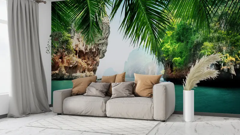 Bedruckte Tapete mit tropischer Meereslandschaft: Elegantes Thai-Bucht-Design