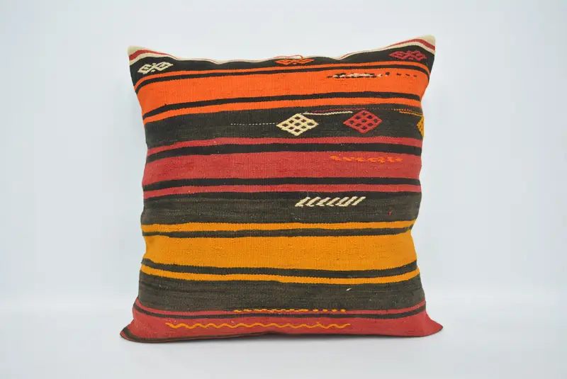 Orange & rot gestreiftes Wurfkissen, 32x32 besticktes Vintage Kissen