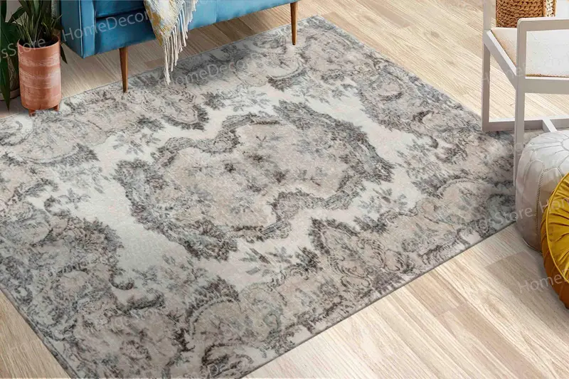 グレーのメダリオンプリントラグ：ヴィンテージデザイン、ボヘミアン花柄