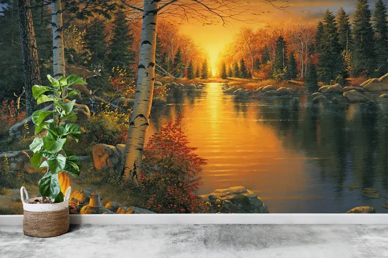 Printed Sunset Landscape Wallpaper: Nature's Tranquil River View