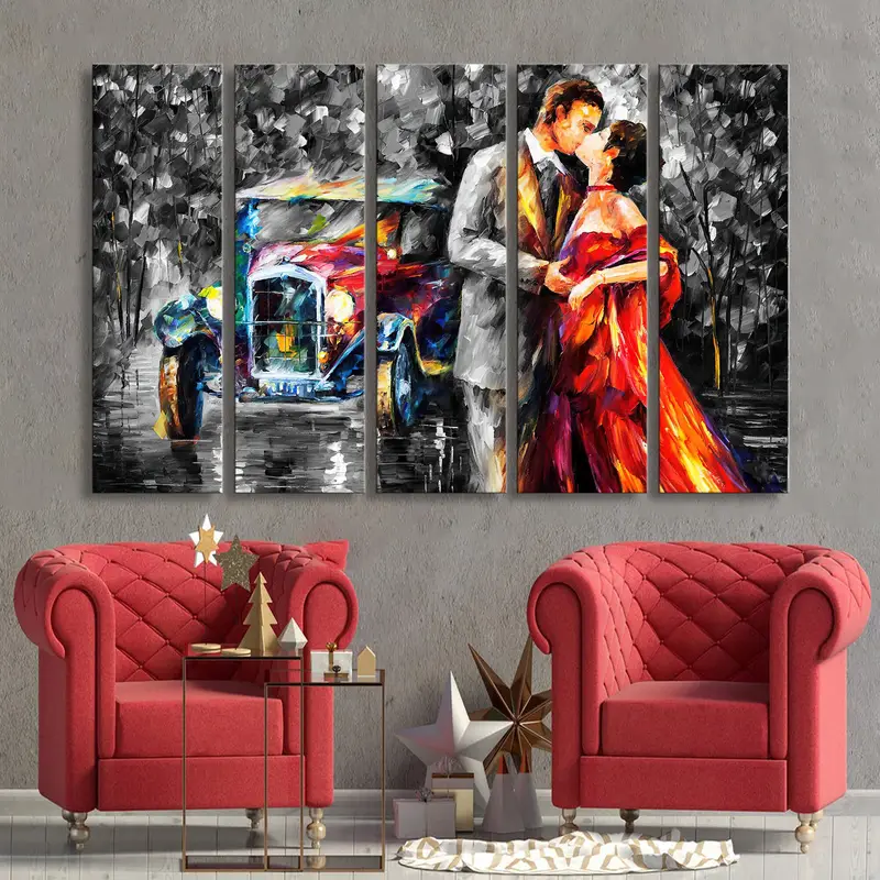 Romantik Çift Öpücük Yağlı Boya, Vintage Araba Duvar Sanatı, Sevgili Tuval Sanatı, Öpüşme Çift Yağlı Boya, Gece Öpücük Duvar Sanatı, Modern Duvar Sanatı - 2