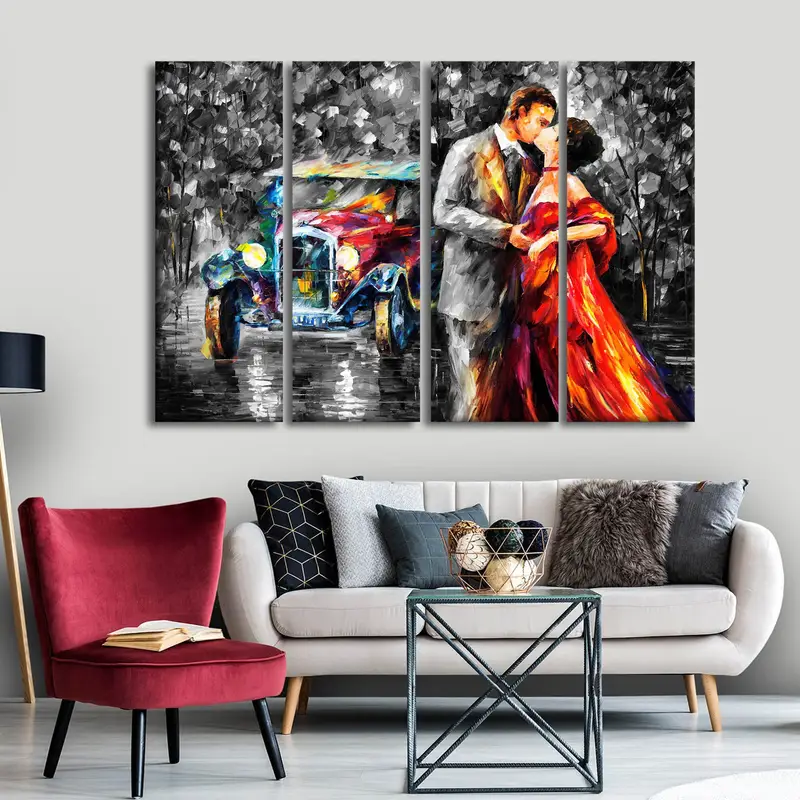 Romantik Çift Öpücük Yağlı Boya, Vintage Araba Duvar Sanatı, Sevgili Tuval Sanatı, Öpüşme Çift Yağlı Boya, Gece Öpücük Duvar Sanatı, Modern Duvar Sanatı - 4