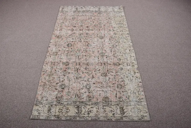 Vintage Turkish Area Rug 3.6x6.7 ft (111x203 cm), Pink Striped Oushak Rug - 1
