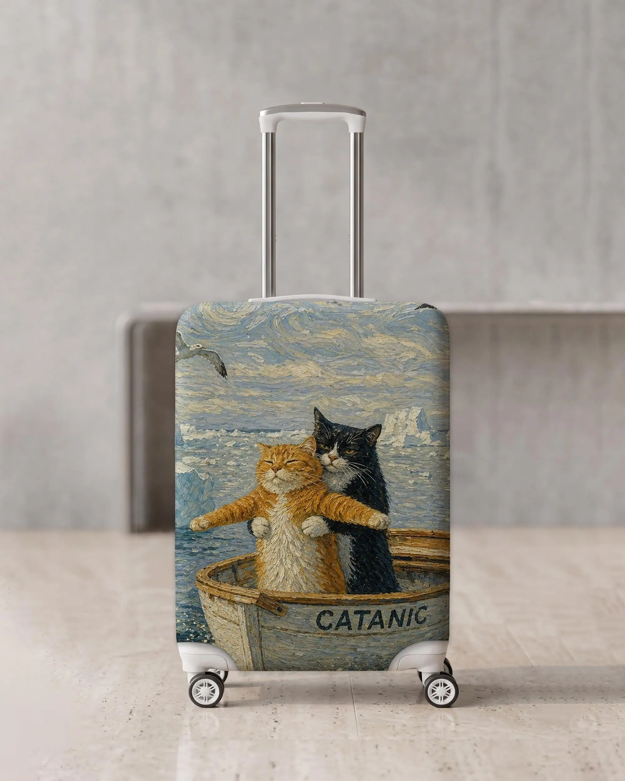 Elegant White Oil Painting Style Luggage Cover, Cute Cat Design, Ideal Travel Accessory - 1