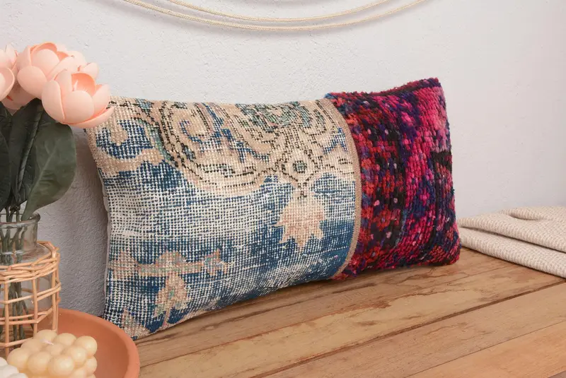 Blue & Red Patchwork Throw Pillow, 12x24 Embroidered Cushion