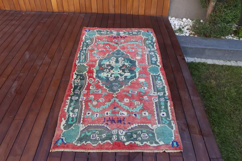 Vintage Türk Halısı, Accent 3.1x6 ft (94x184 cm) Halı, Kırmızı Masif Yün Halı - 1