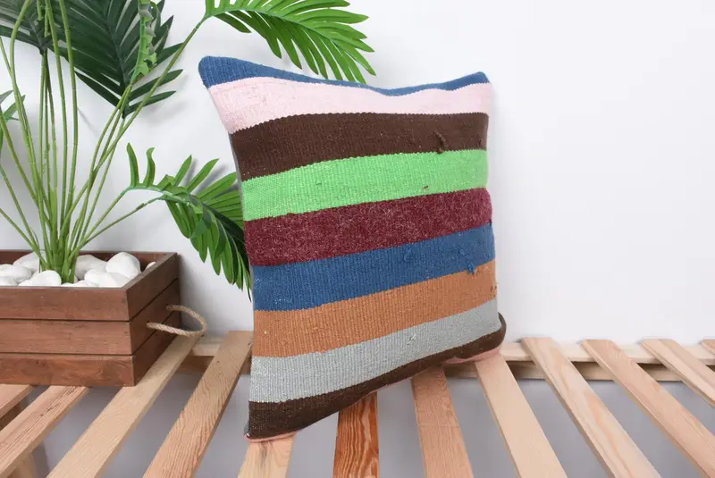 Turkish Kilim Pillow, Cushion Cover, 16x16 Green Pillow Cover, Ethnic Pillow Cover Pillow Sham, Interior Designer Pillow, Handmade Kilim Cushion - 4