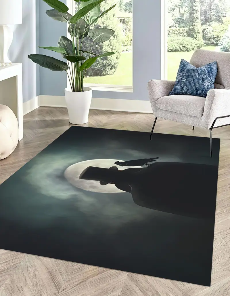 Elegant Printed Rug: Full Moon Night Landscape Design