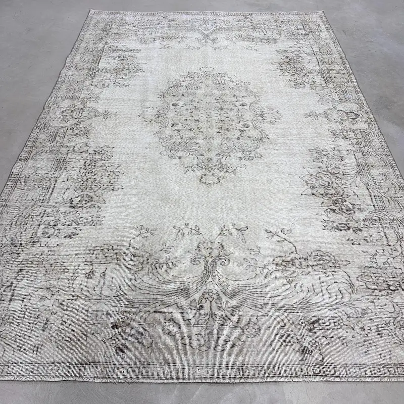 Vintage 6,8x10 ft Teppich, türkischer Oushak-Teppich, grau karierter Teppich aus Wolle - 1