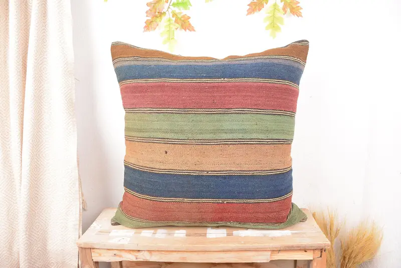 Red & Bronze Striped Throw Pillow, 28x28 Embroidered Cushion
