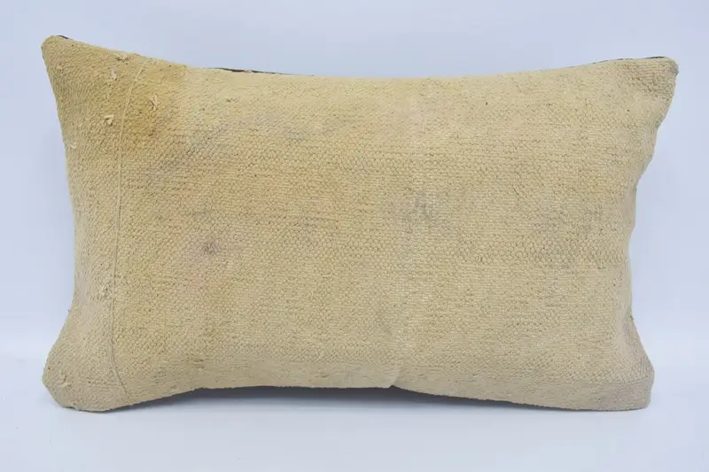 Turkish Plaid Cushion, Antique 12x20 inch Beige Holiday Gift Wool Pillow Cover - 1