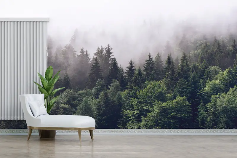 Çiftlik Evi Dekoru için Baskılı Puslu Dağ Orman Manzara Duvar Kağıdı