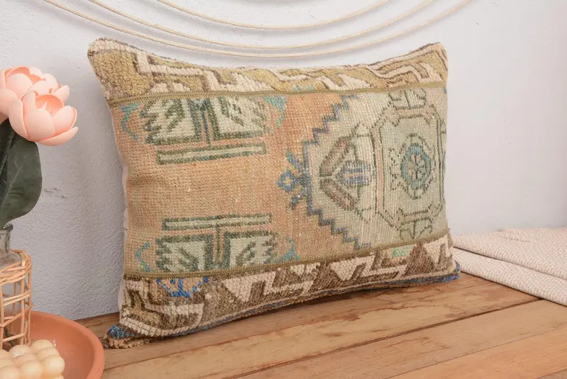 Braun & Beige besticktes Wurfkissen, handgemachtes Vintage Kissen